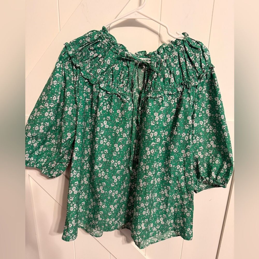 Topshop Women’s Size 10 Green White Floral Top Ruffle Cottagecore English Collar
